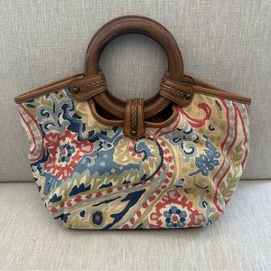 Vintage Fossil Woven Handbag Multicolor Floral Wooden Handles